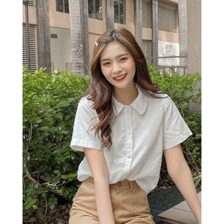 Áo sơ mi dáng croptop tay ngắn phối cổ bèo vải linen cao cấp Camila Shirt