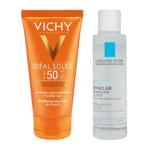 Combo Kem Chống Nắng Vichy Không Nhờn Rít SPF50 50ml + Nước Tẩy Trang La Roche Posay Dành Cho Da Dầu 50ml