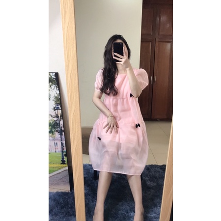 Váy bầu, đầm thiết kế voan nơ 2 lớp tiểu thư dáng babydoll bụng thoải mái cho mẹ bầu suốt cả thai kì và sau sinh 40-70kg