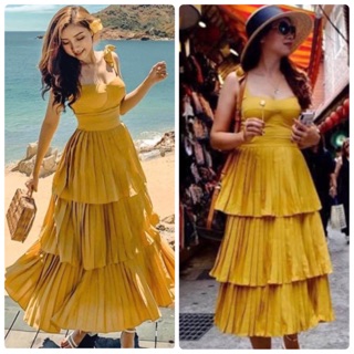 Đầm maxi vàng tầng cúp ngực