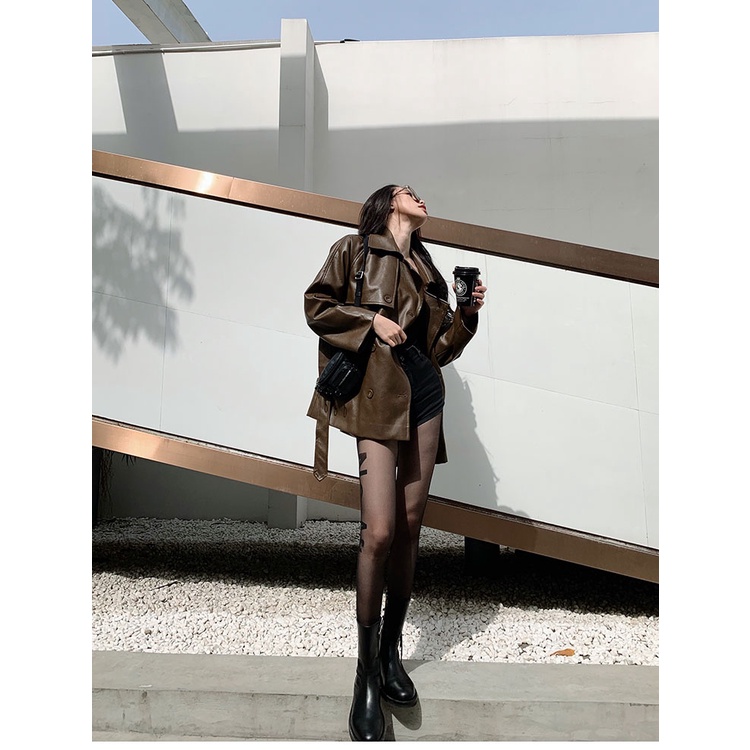 Áo Khoác Da Dài Tay Cao Cấp Đai Thắt Eo