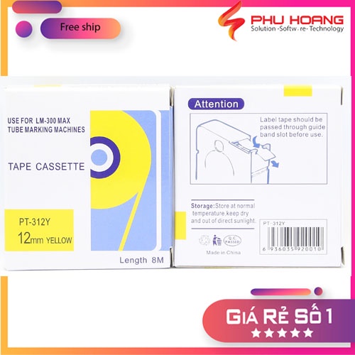 Băng in nhãn tương thích Max PT-312Y, rộng 9mm, dài 8m/cái, màu vàng, dùng cho máy in Max LM-370E, LM-380E, LM-390A