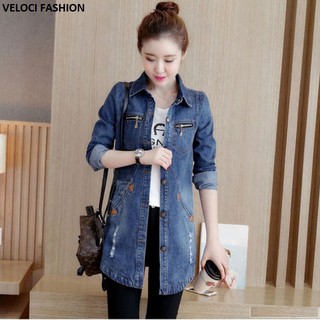 CAO CẤP Áo Khoác Jean Nữ Form Dài Wash Rách 3878