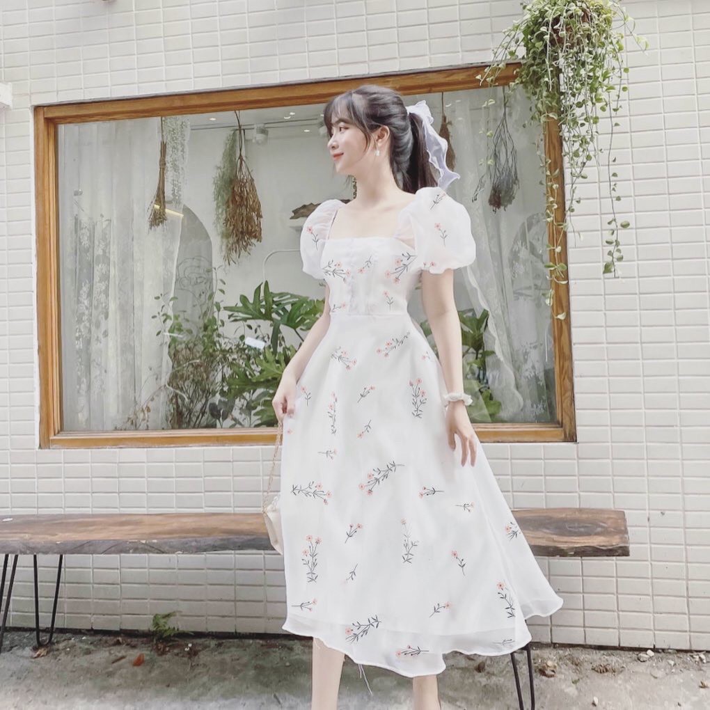 👗Đầm hoa tay phồng_trắng_vintage 👗style_form đẹp_thanh lịch dịu dàng cho nàng thơ👗