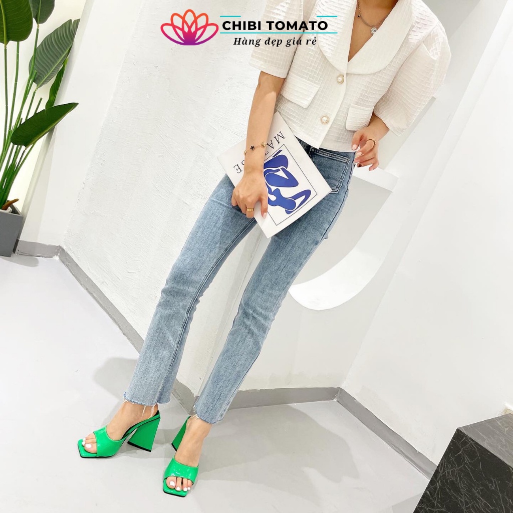 Dép guốc cao gót nữ, sandan nữ cao gót  đế tam giác quai ngang khuyết mũi vuông thời trang 7 đến 9 phân 4 màu trắng