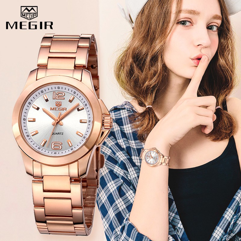 Đồng Hồ Đeo Tay Mặt Tròn Màu Vàng Hồng Thời Trang Sành Điệu Cho Nữ MEGIR