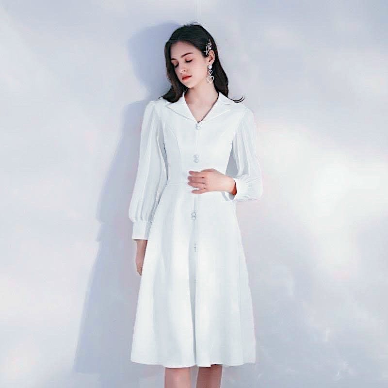 Đầm trắng nút ngọc tay voan (kèm hình thật)