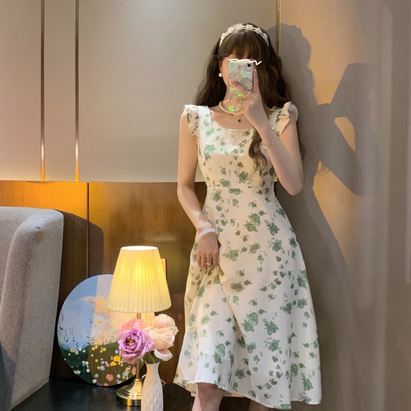 Đầm Chữ a Dáng Ôm Tay Cánh Tiên Cổ Vuông Họa Tiết Hoa Phong Cách Pháp Thời Trang Mùa Hè 2022 Dành Cho Nữ
