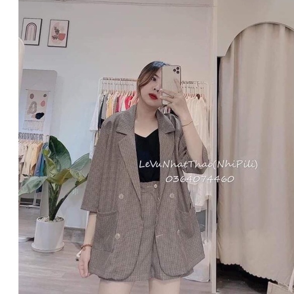 XẢ NHANH SET VEST KẺ NÂU TAY LỠ