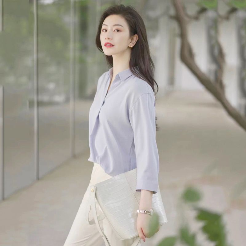 (UNIQLO Nhật chính hãng) Áo sơ mi nữ vải Rayon cổ đức mở V -Woman Rayon Skipper Collar 3/4 sleeve Blouse