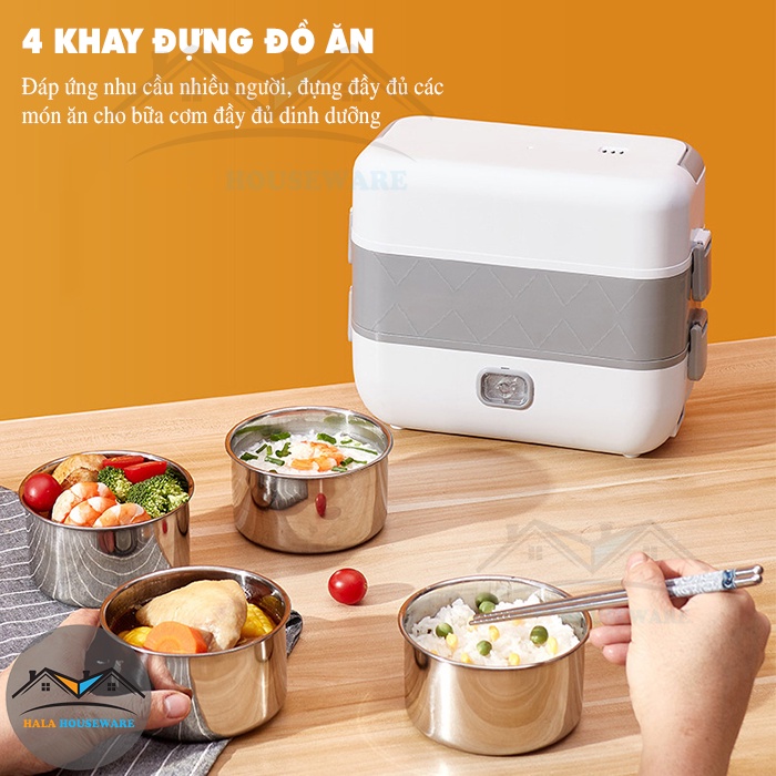 Hộp cơm cắm điện cho dân văn phòng 2 tầng 4 bát inox 304 - Có chức năng giữ nhiệt, hâm nóng và tự nấu chín