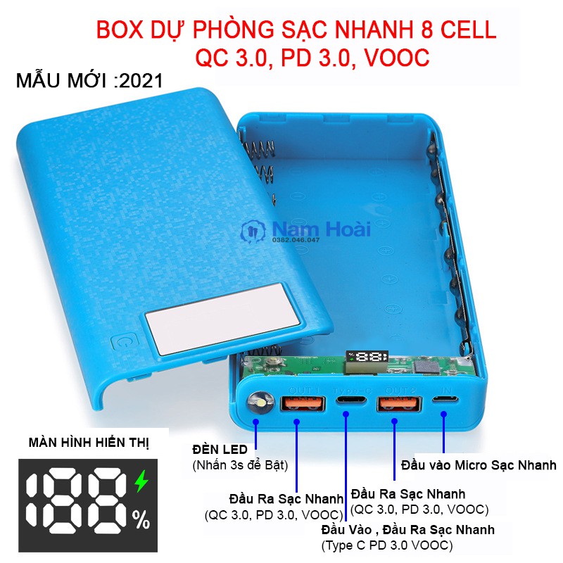 Box sạc dự phòng 8 cell hổ trợ sạc nhanh QC 3.0, PD 3.0 (Nhắn tin cho shop màu khi quý khách có nhu cầu)