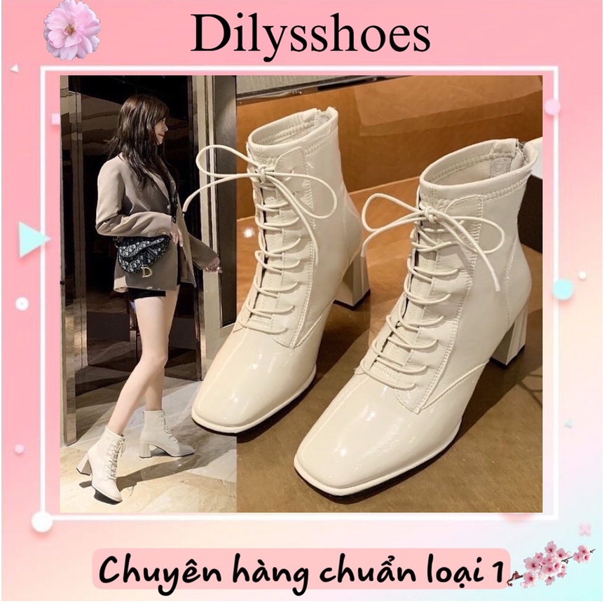 Boot Cao Cổ Da Bóng Gót Vuông Buộc Dây Khóa Sau Cá Tính (Fullbox)