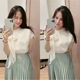Set áo sm viền bèo mix chân váy midi dập ly