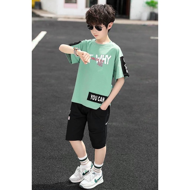 Bộ quần áo thun hè &quot;OFF WHY&quot; 14-45kg cho bé trai 4-14 tuổi. Thoáng mát, thấm hút mồ hôi. B2