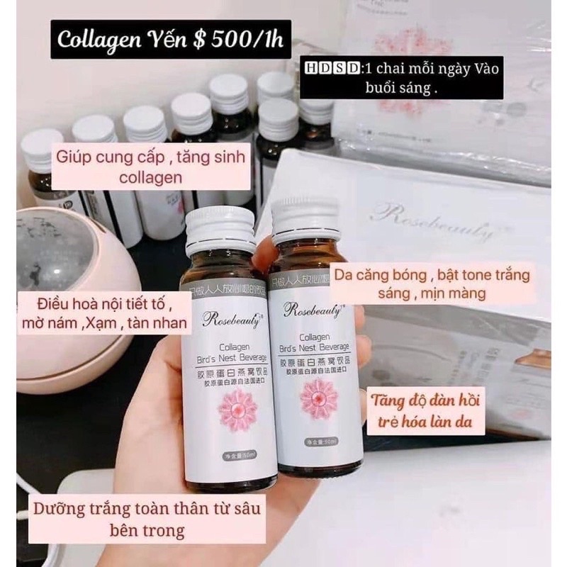 COLLAGEN ROSE BEAUTY YẾN TRẮNG DA MỜ THÂM SẠM (TRẮNG SÁNG TỨC THÌ X10) Hộp 8 chai chính hãng
