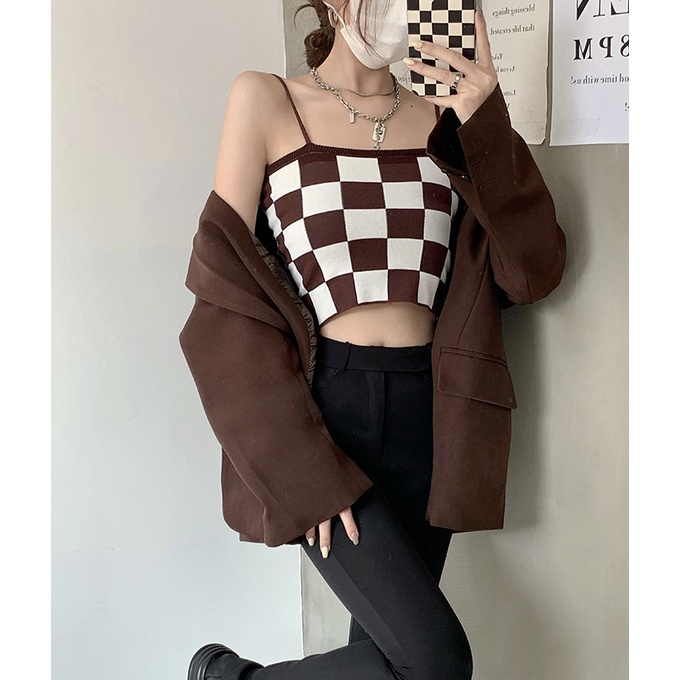 SUXI Áo Hai Dây Dệt Kim Ôm Dáng Kẻ Sọc Ca Rô Kiểu Retro Hàn Quốc