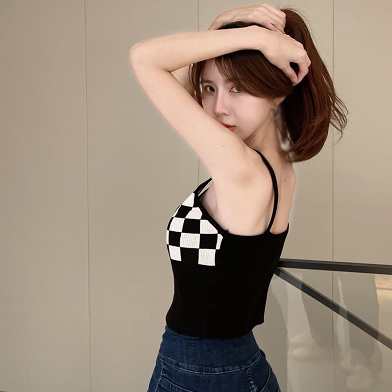 Áo Croptop Không Tay Cổ Chữ V Họa Tiết Sọc Caro Siêu Nhẹ Thiết Kế Khóa Kéo Thời Trang Cho Nữ