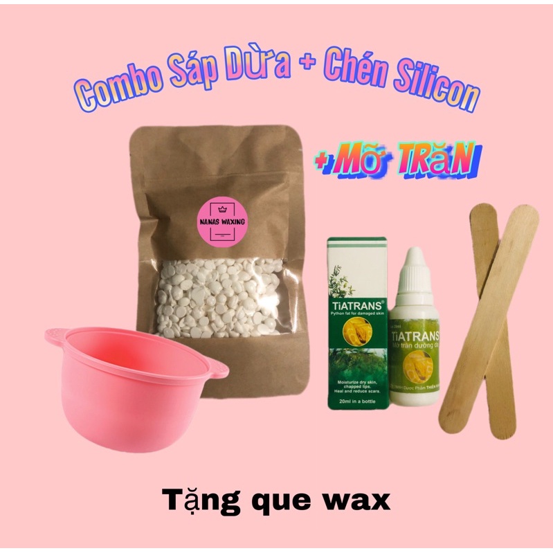 Sáp wax lông dừa + chén silicon + que wax