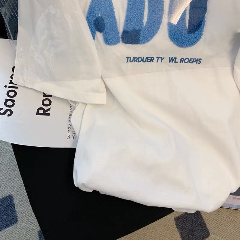 Áo Thun Ngắn Tay Dáng Rộng Thêu Chữ Phong Cách Nhật Bản Mới Cho Nữ