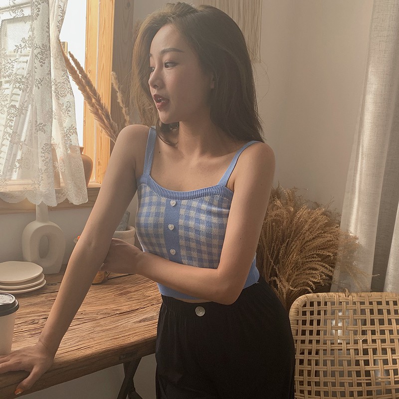 Áo croptop dệt kim hoạ tiết sọc ca-rô thời trang cho nữ