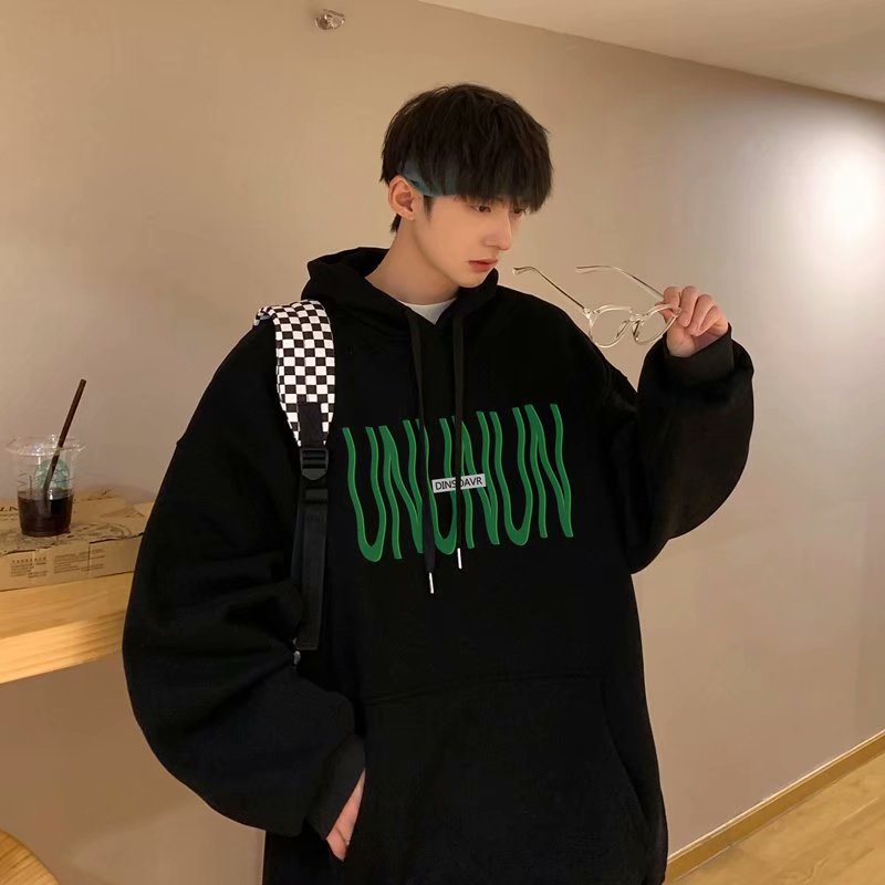 Áo hoodie tay dài cổ tròn dáng rộng in chữ xanh lá thời trang mùa thu phong cách Hàn Quốc cho nam và nữ 11.11