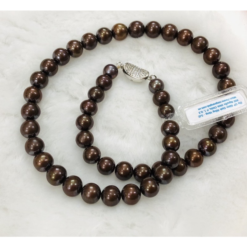 Chuỗi ngọc trai nhân tạo màu nâu 9ly đeo cổ khóa bạc ( Có kiểm định)