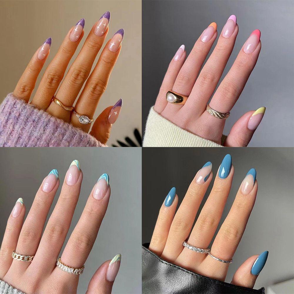 MAX=&gt; 24pcs/Box Women Fashion Almond False Nails Artificial Nail Tips Wearable Detachable Manicure Tool Press On Nails Full Cover Fake Nails