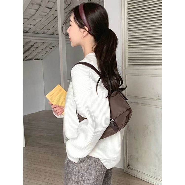 Áo sweater dệt kim RENJIANVSHENG tay dài cổ polo dáng rộng màu sắc retro phong cách Hàn Quốc