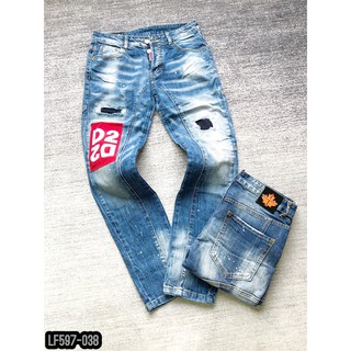 [GIá Sập Sàn] Quần Bò Nam DSQ2 Pha Đỏ Đầu Gối Chữ, Với Hai Màu Xanh Đen-Quần Jean Nam 2021