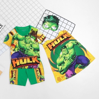 Bộ quần áo trẻ em Khổng lồ xanh Hulk ngắn tay 3d cho bé trai - tặng choàng và mặt nạ