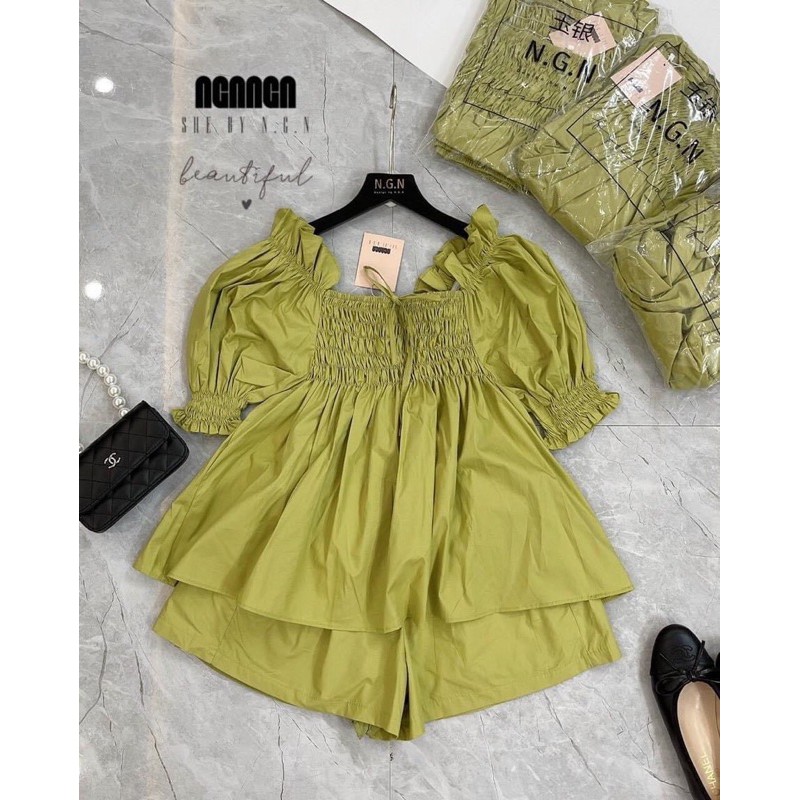 SNU226 - SET ĐÙI NỮ XANH CỐM CHUN NGỰC TAY BỒNG | BigBuy360 - bigbuy360.vn