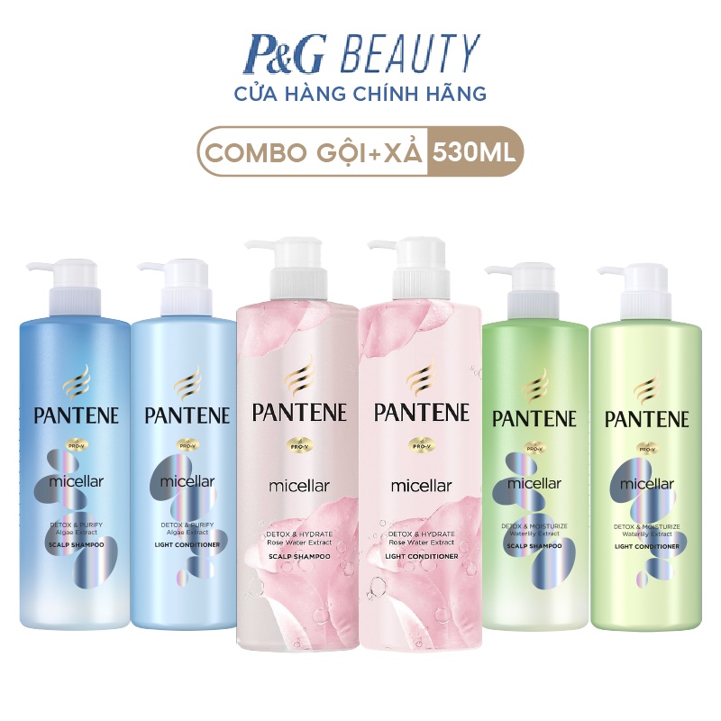 Combo Dầu Gội và Dầu Xả PANTENE MICELLAR chai 530ml Tảo Biển / Hoa Súng / Hoa Hồng