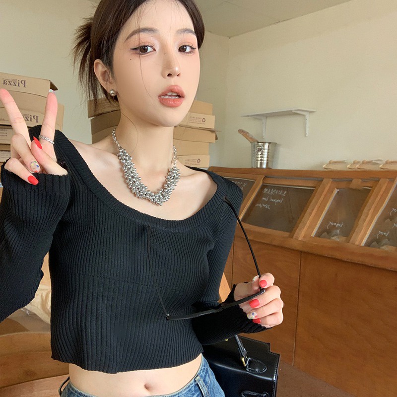 Áo Croptop Dệt Kim Tay Dài Màu Sắc Đơn Giản Phong Cách Hàn Quốc Cho Nữ