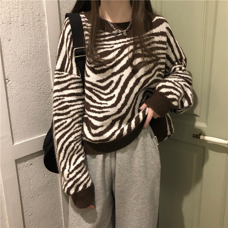 Áo sweater ZHELIHANGFEI tay dài dáng rộng in họa tiết sọc ngựa vằn phong cách retro cá tính trẻ trung