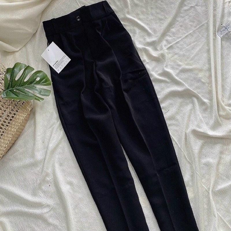 Quần baggy nữ, quần tây nữ lưng cao vải tuyết mưa màu đen