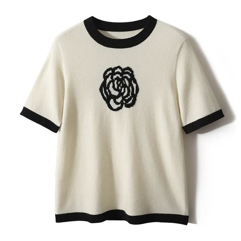 Áo IELGY dệt kim tay ngắn cổ tròn in hình phong cách thanh lịch thời trang cho nữ