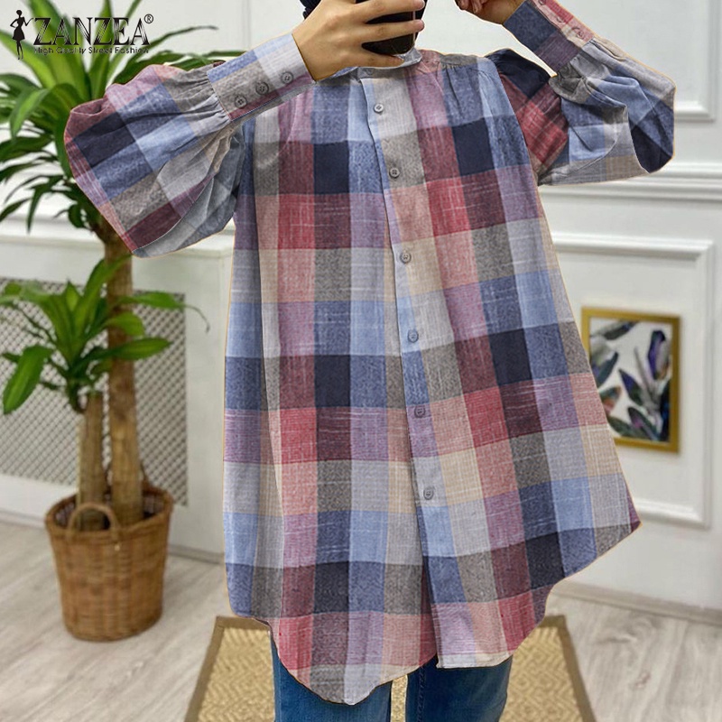 Áo sơ mi ZANZEA tay dài họa tiết sọc ca rô thời trang retro cho nữ