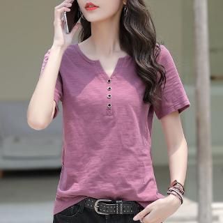 Áo Thun Nữ Tay Ngắn Màu Trơn Cổ Chữ V Thời Trang Năng Động