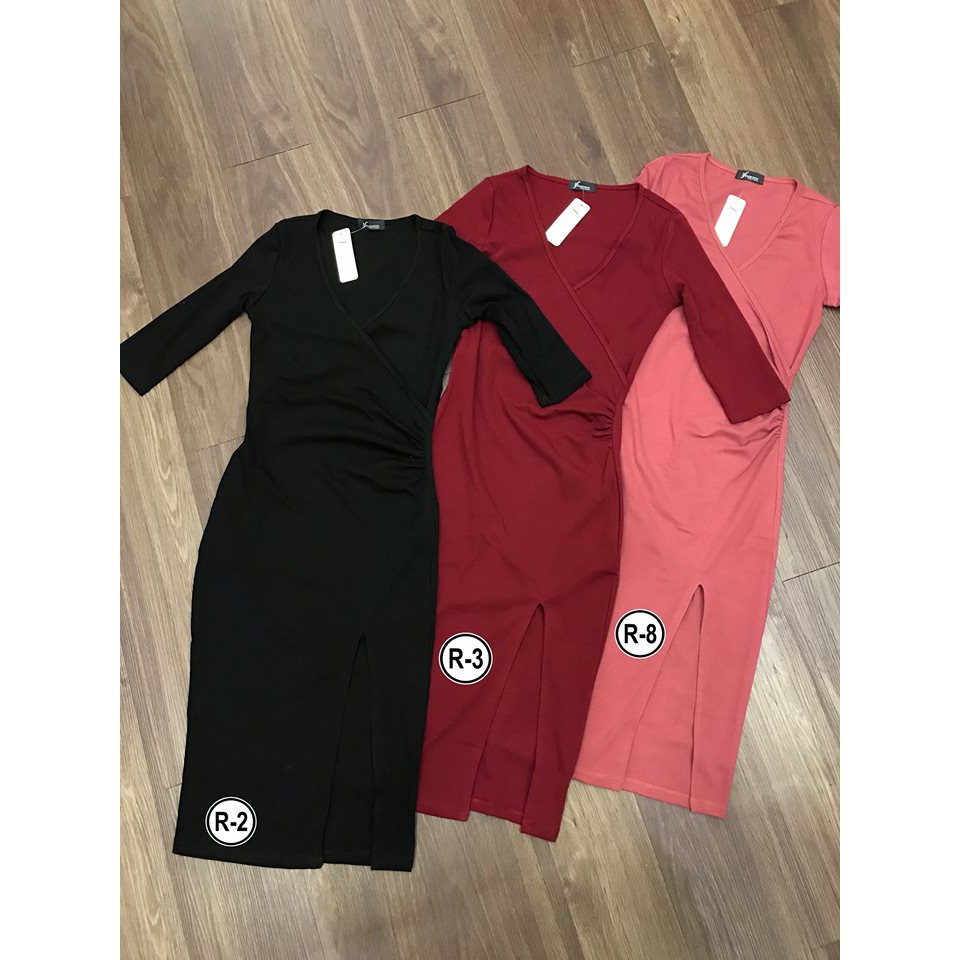 Đầm ôm body cổ tim đắp chéo xẻ tà, nhúng eo tay lỡ- TF251