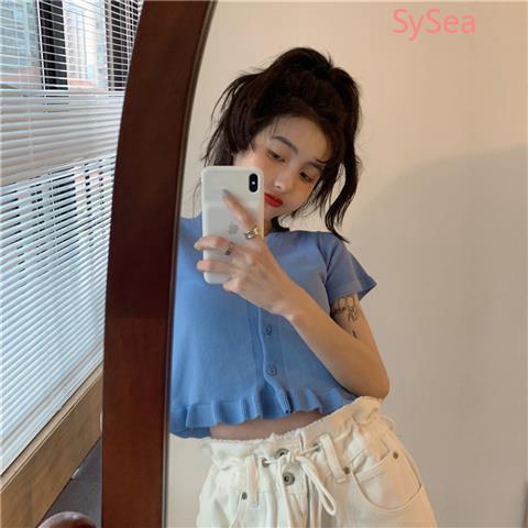 Áo croptop dệt kim ngắn tay màu trơn mùa hè cho nữ