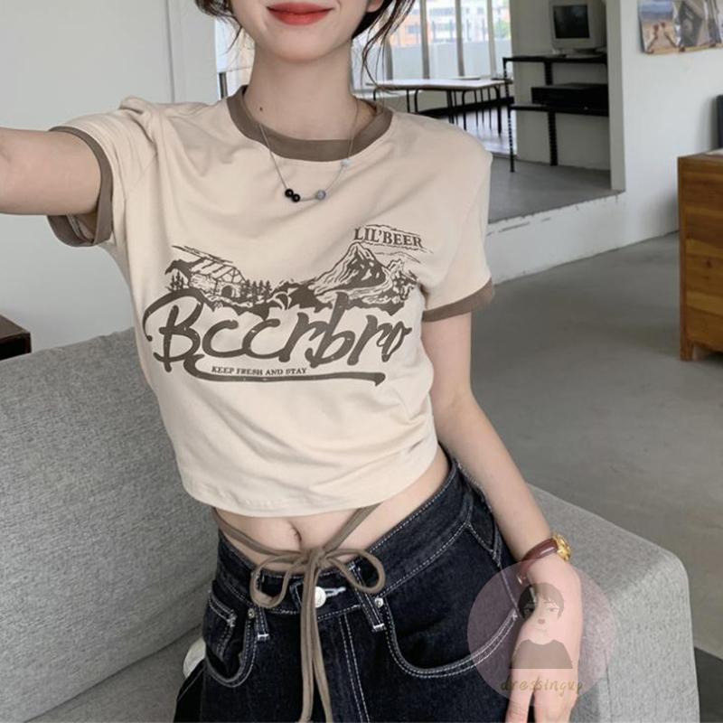 Áo Thun Ngắn Tay Dáng Rộng In Chữ Phối Dây Cột Thời Trang Mùa Hè Cho Nữ