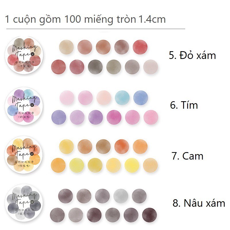 Băng dính tròn màu nước xinh xắn WT107 Gachini