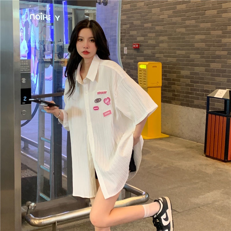 Áo Sơ Mi Ngắn Tay Dáng Rộng Họa Tiết Kẻ Sọc Thời Trang Mùa Hè Cho Nữ