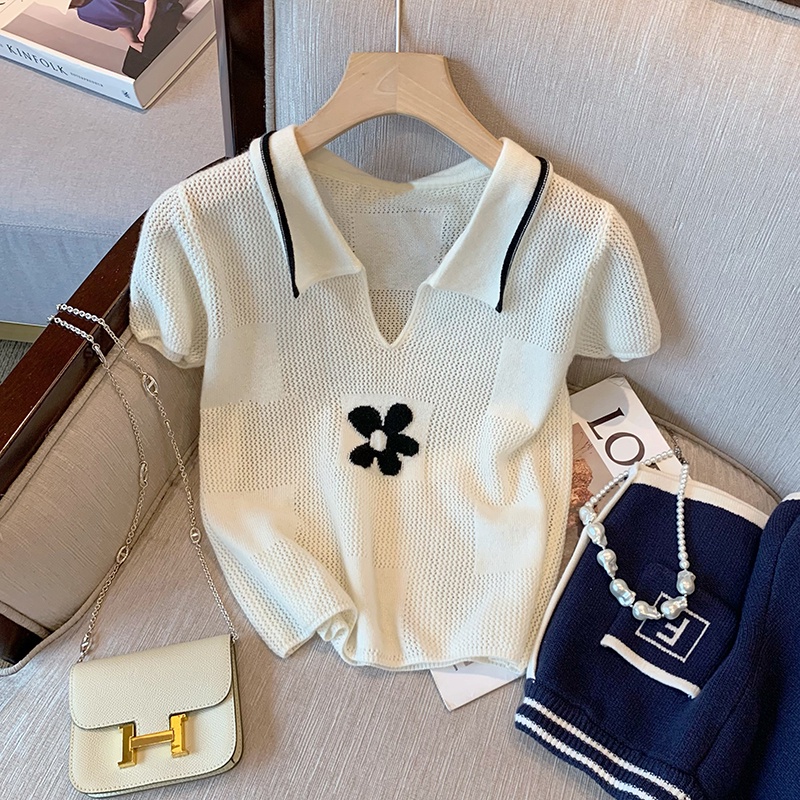 Áo dệt kim Pure Cube tay ngắn cổ chữ V màu trắng thời trang mùa hè mới