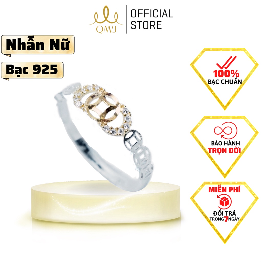 QMJ Nhẫn bạc nữ Kim Ngân Phát Lộc mạ vàng 24k nạm đá tấm tinh sảo- Q271