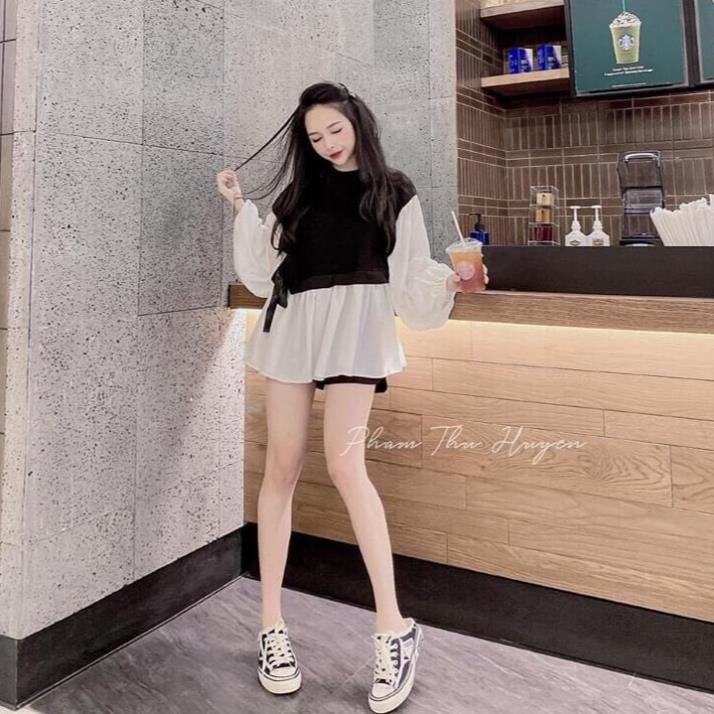 Áo babydoll đen phối tơ 💖FREESHIP💖 Áo buộc nơ eo dáng tiểu thư cực xinh AD01