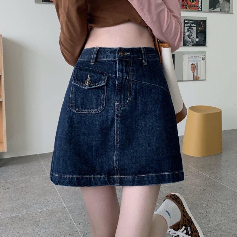 Chân váy jeans IHKKE lưng cao phong cách retro thời trang cho nữ