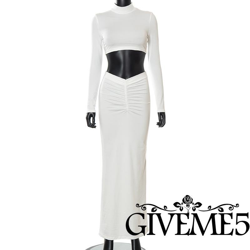 Set áo thun cổ tròn dài tay và chân váy dài xếp ly màu trơn thời trang dành cho nữ