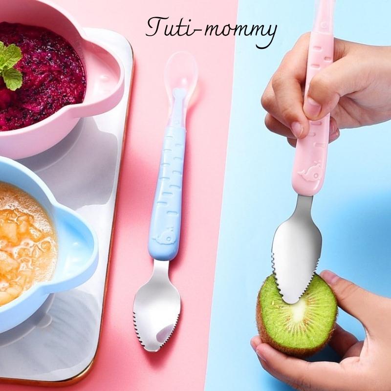Thìa hoa quả 2 đầu cho bé ăn dặm kết hợp thìa ăn dặm sillicon TUTI MOMMY